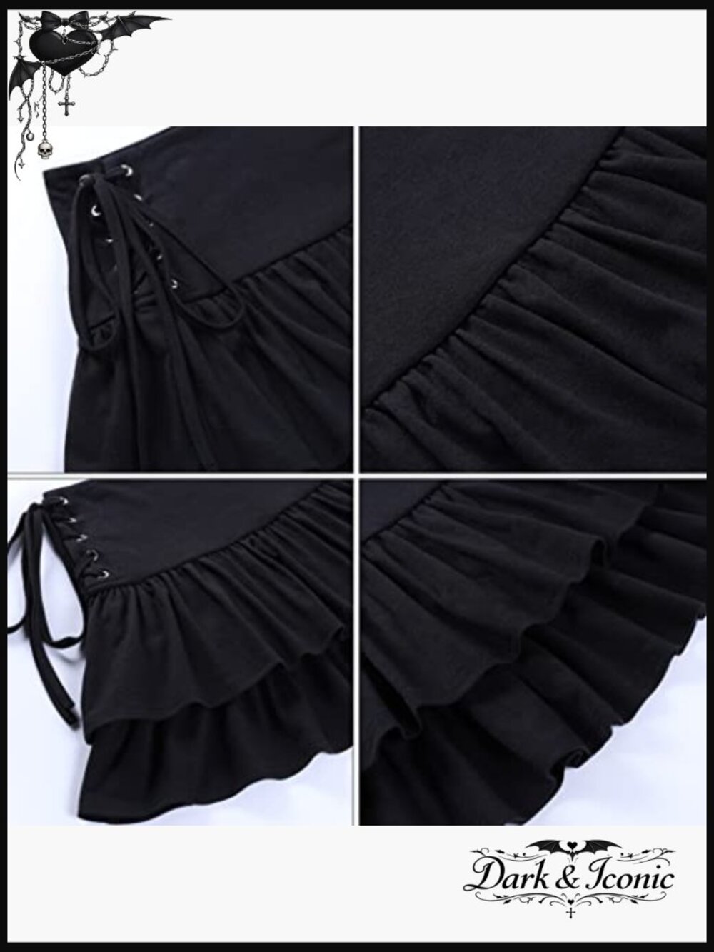 Black Lace Up Mini Skirt High Waist Goth Pleated Ruffle Y2k Punk Skater Skirt - Picture 6 of 6